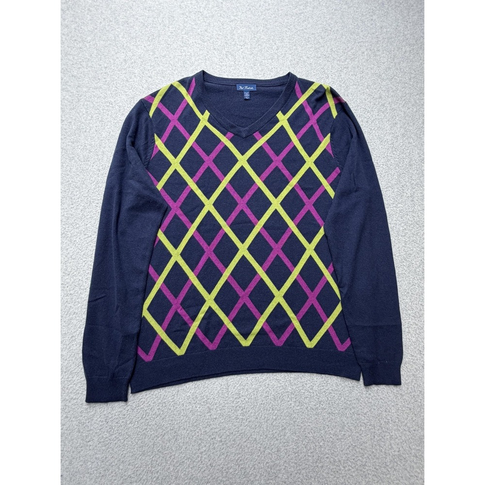 Paul Fredrick‎ Sweater Mens Tall Large Blue Silk Cashmere V Neck Argyle Pullover